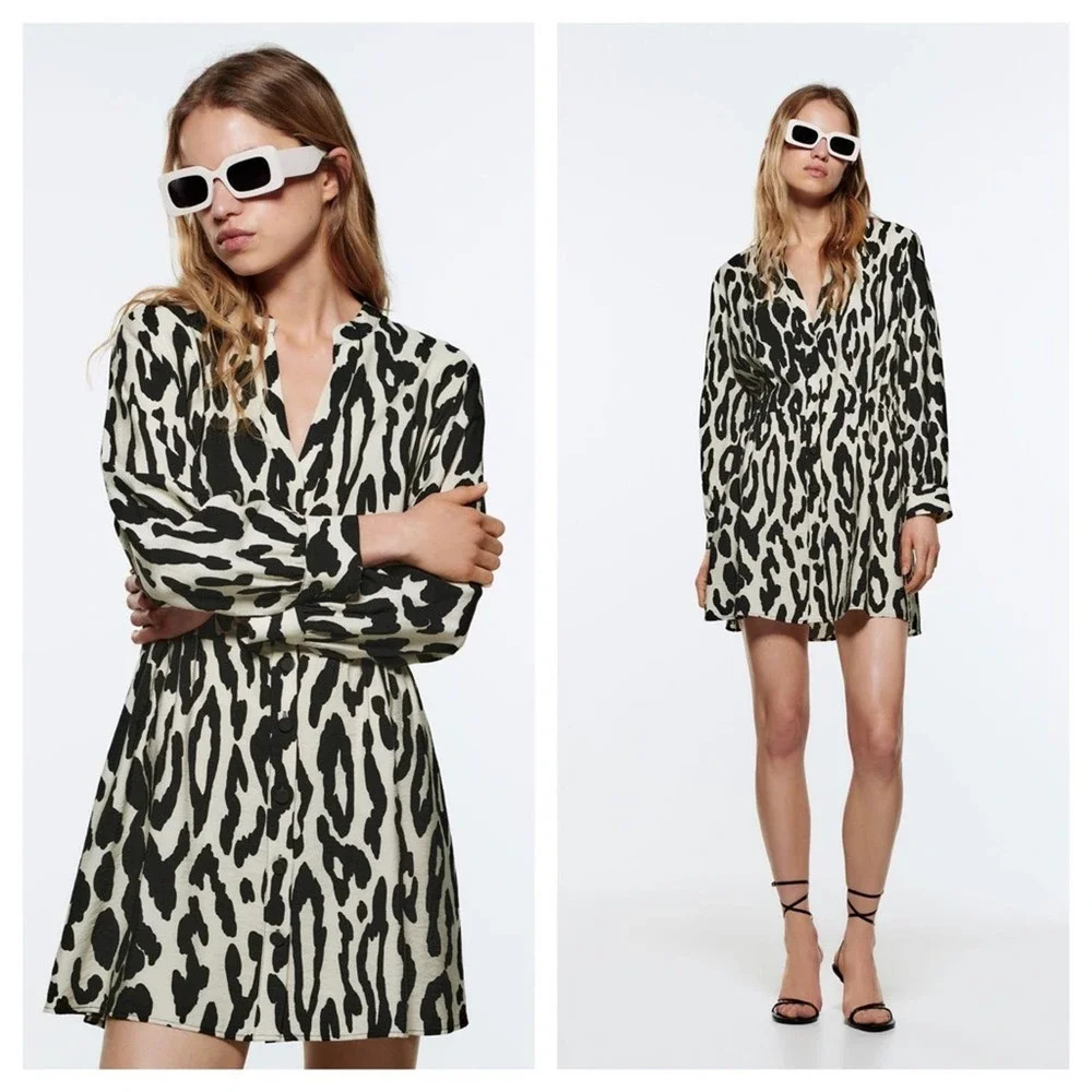 Zara Animal Print Long Sleeve Aline Button Mini Shirt Dress XS